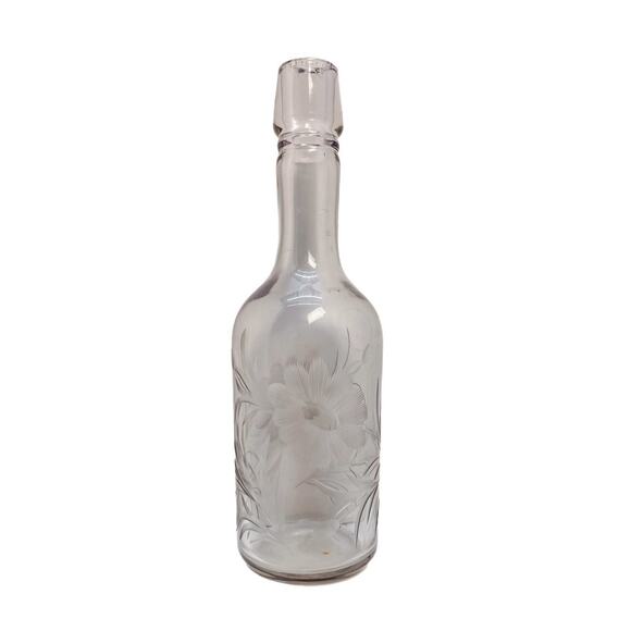 Vintage Decanter Whiskey Amethyst Bottle Etched Floral Design - Picture 1 of 5